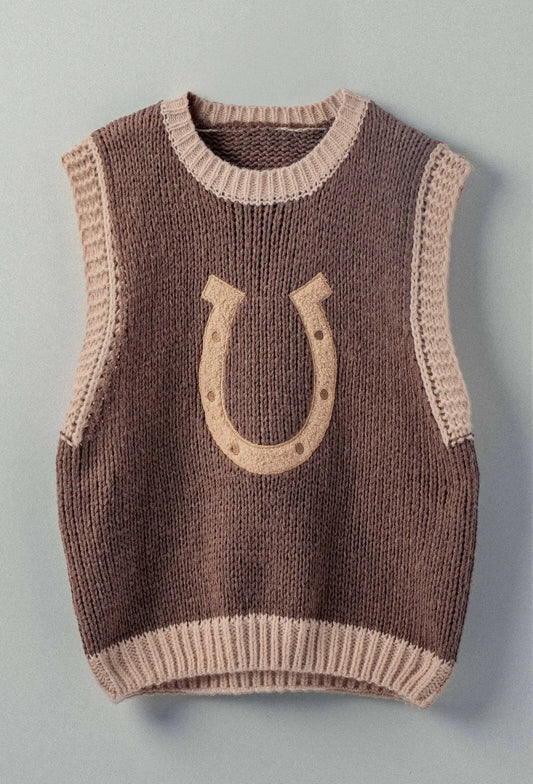 Western Horseshoe Crochet Knit Sweater Vest - Brown