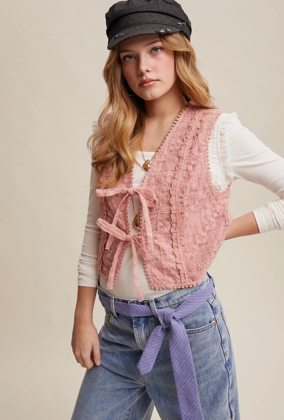 Embroidered Lace Tie Front - Blush