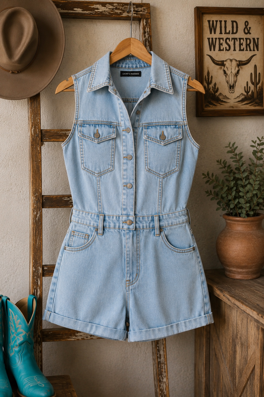 Light Wash Stretch Denim Button Down Sleeveless Romper
