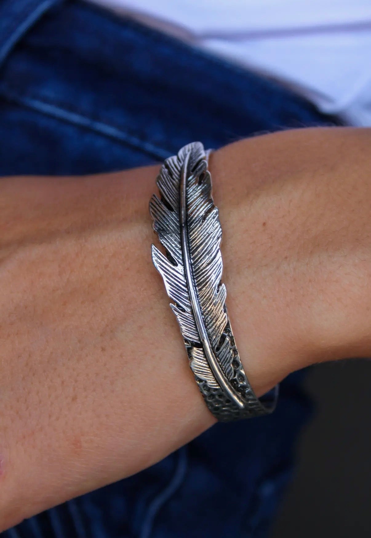 18K White Gold Plated Stamped Cuff with Feather Accent