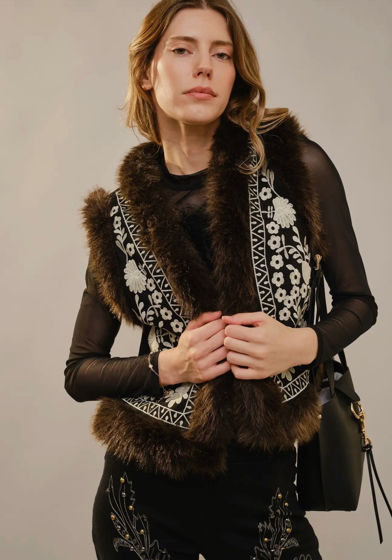 Suede Vest with Fur Trim - Black