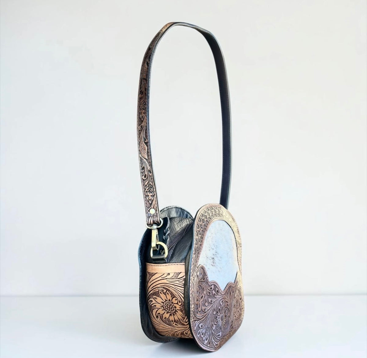 Brown Cowhide & Tooled Leather Canteen Bag