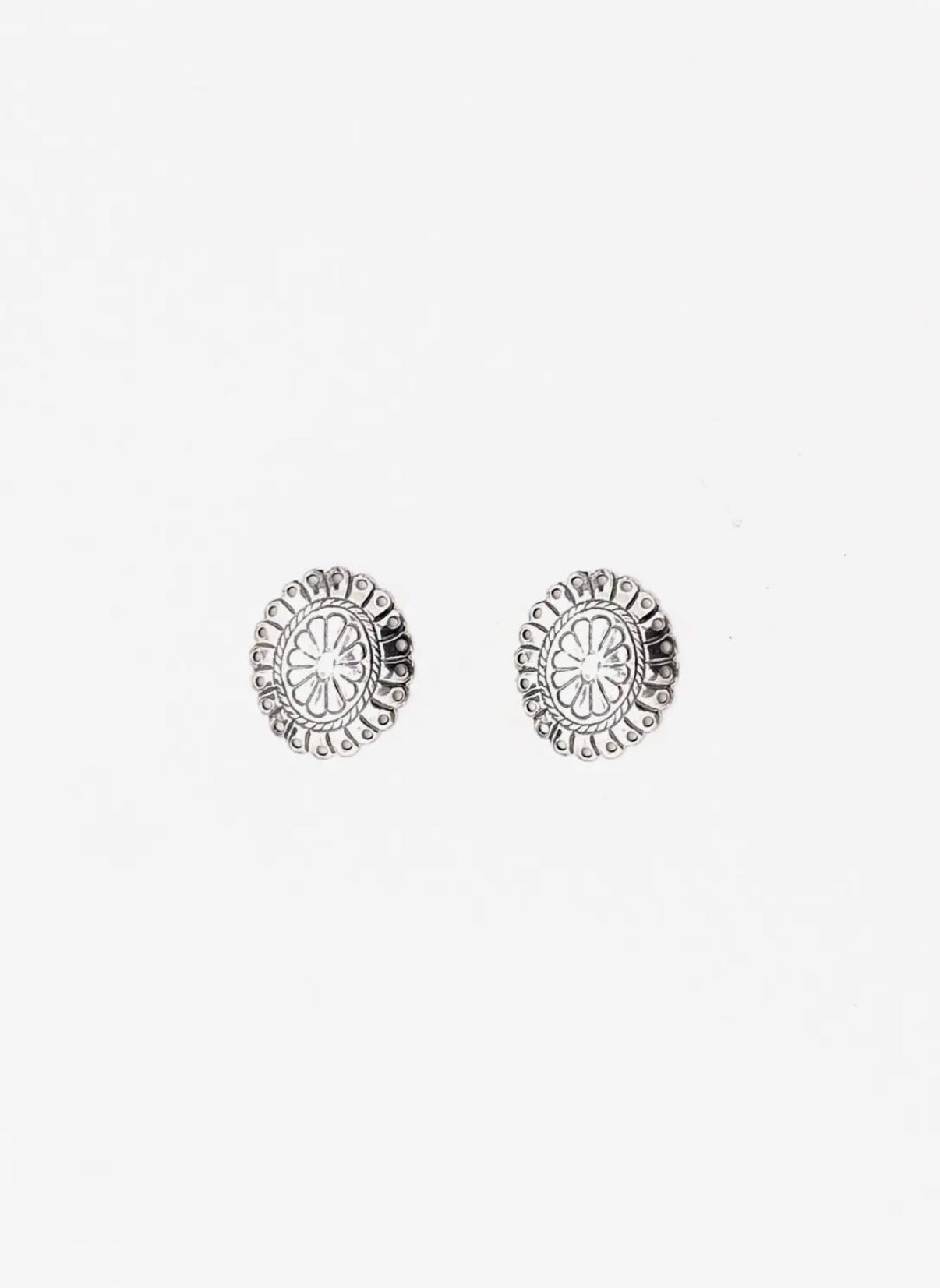 Small Burnished Silver Flower Stamped Concho Post Earrings