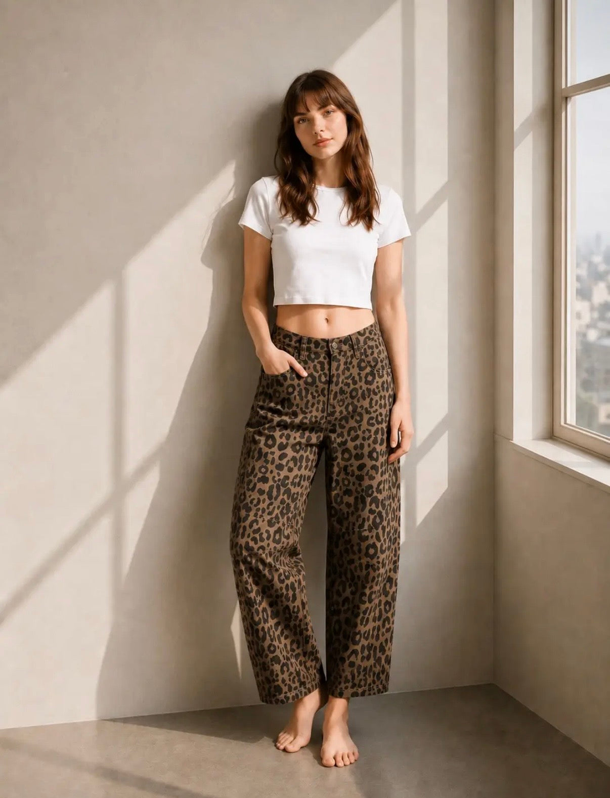 Leopard Print Barrel Jeans