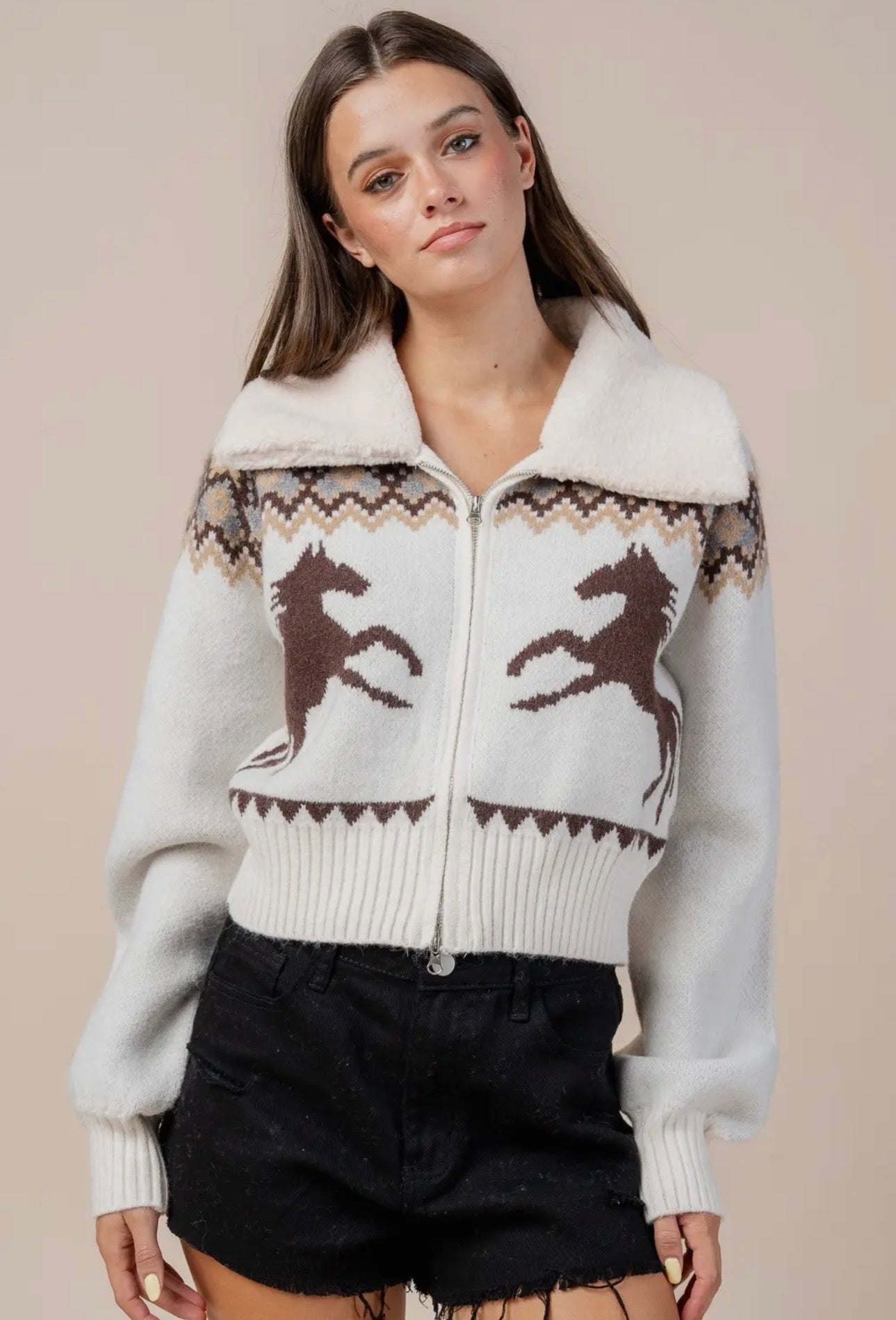 Wild Stallion Zip Front Cardigan Sweater with Fur Collar - Oatmeal