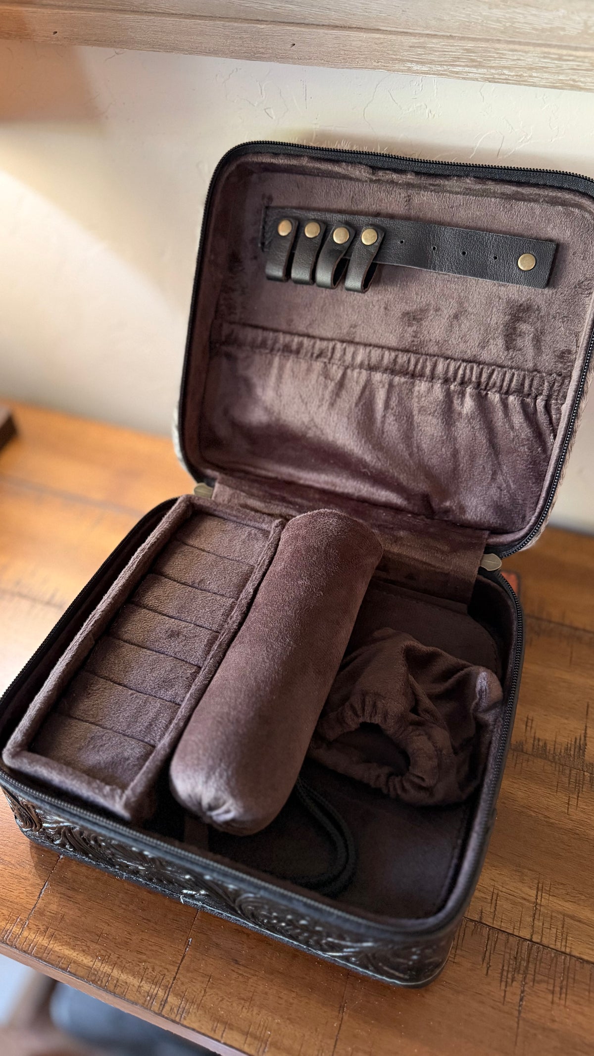 Black Tooled Leather & Cowhide Jewelry Box