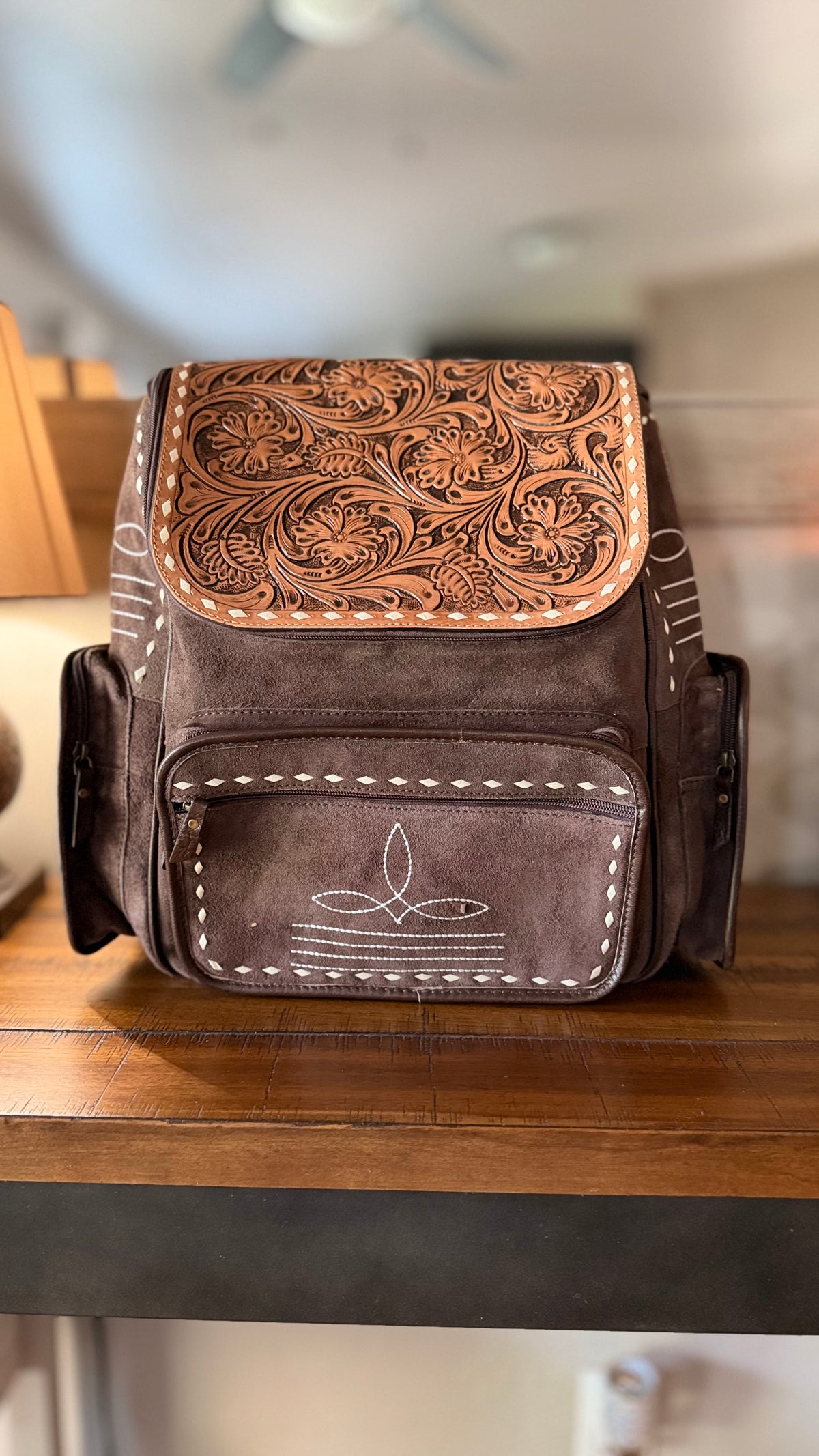 Chocolate Suede Boot Stitch Backpack
