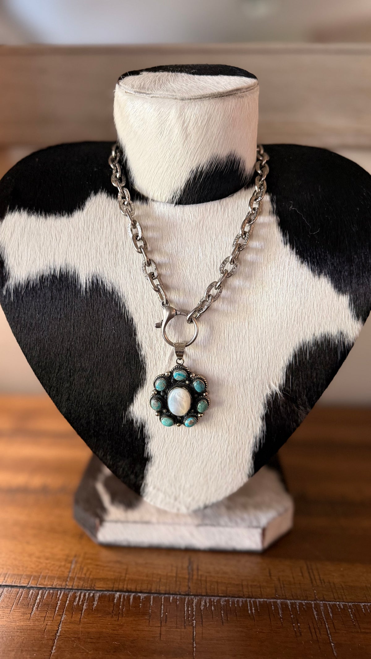 Genuine Turquoise & Mother of Pearl Tibetan Pendant Chain Necklace