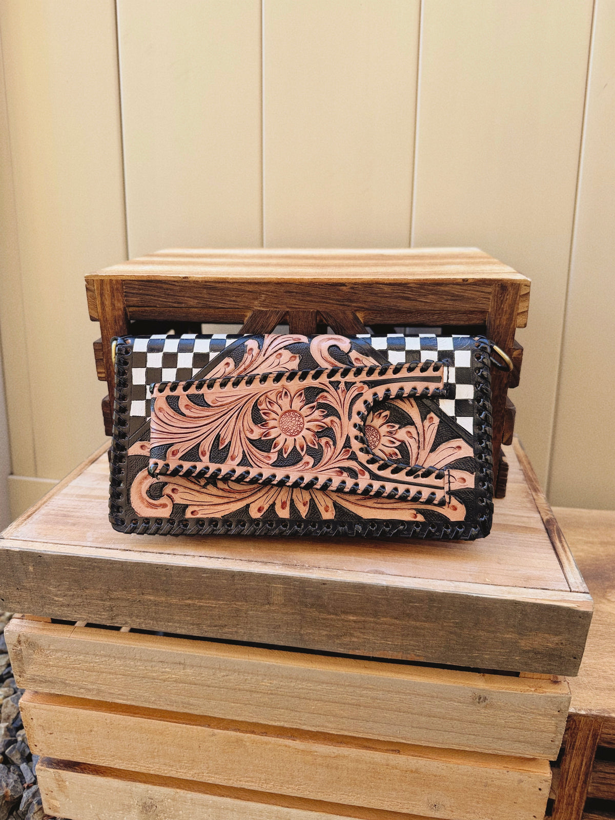 Wildcard Checkered Tooled Leather Clutch