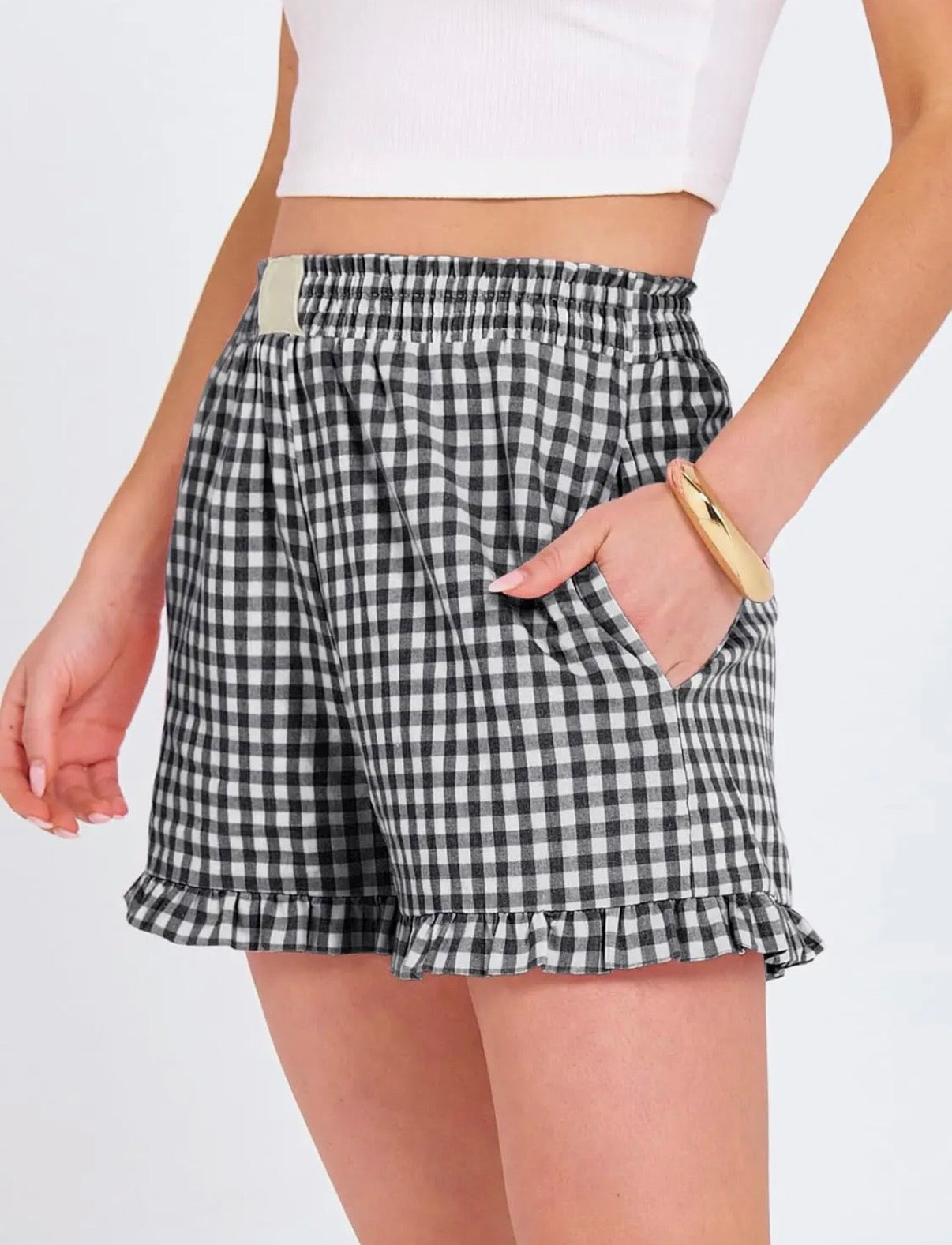 Plaid Shorts w/ Ruffle Hem - Black