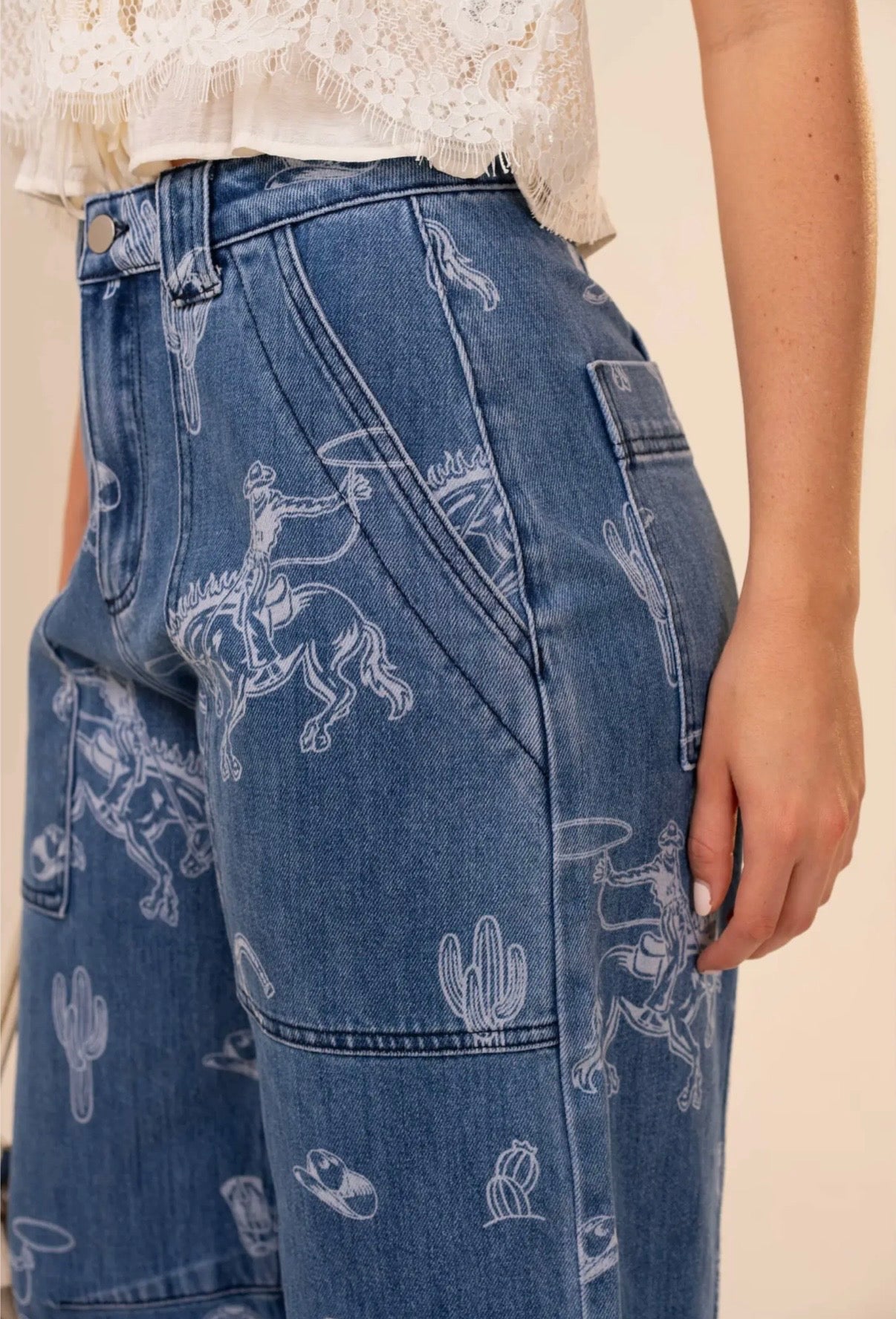 Western Print Barrel Leg Denim Jean