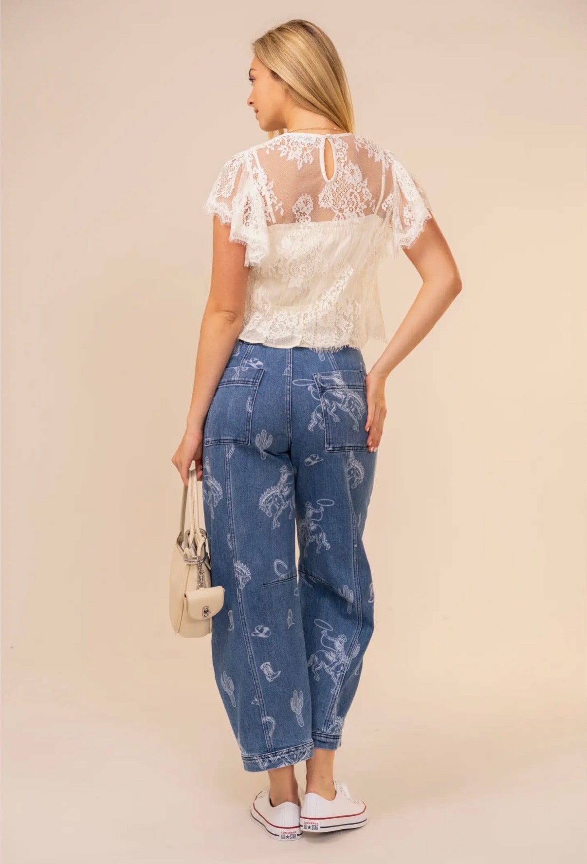Western Print Barrel Leg Denim Jean
