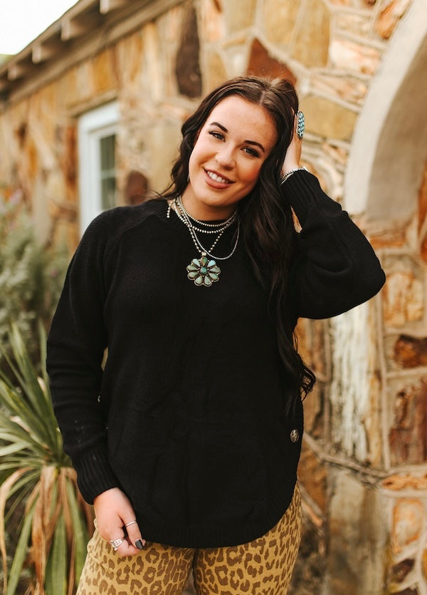 Knitted Round Hem Sweater - Black