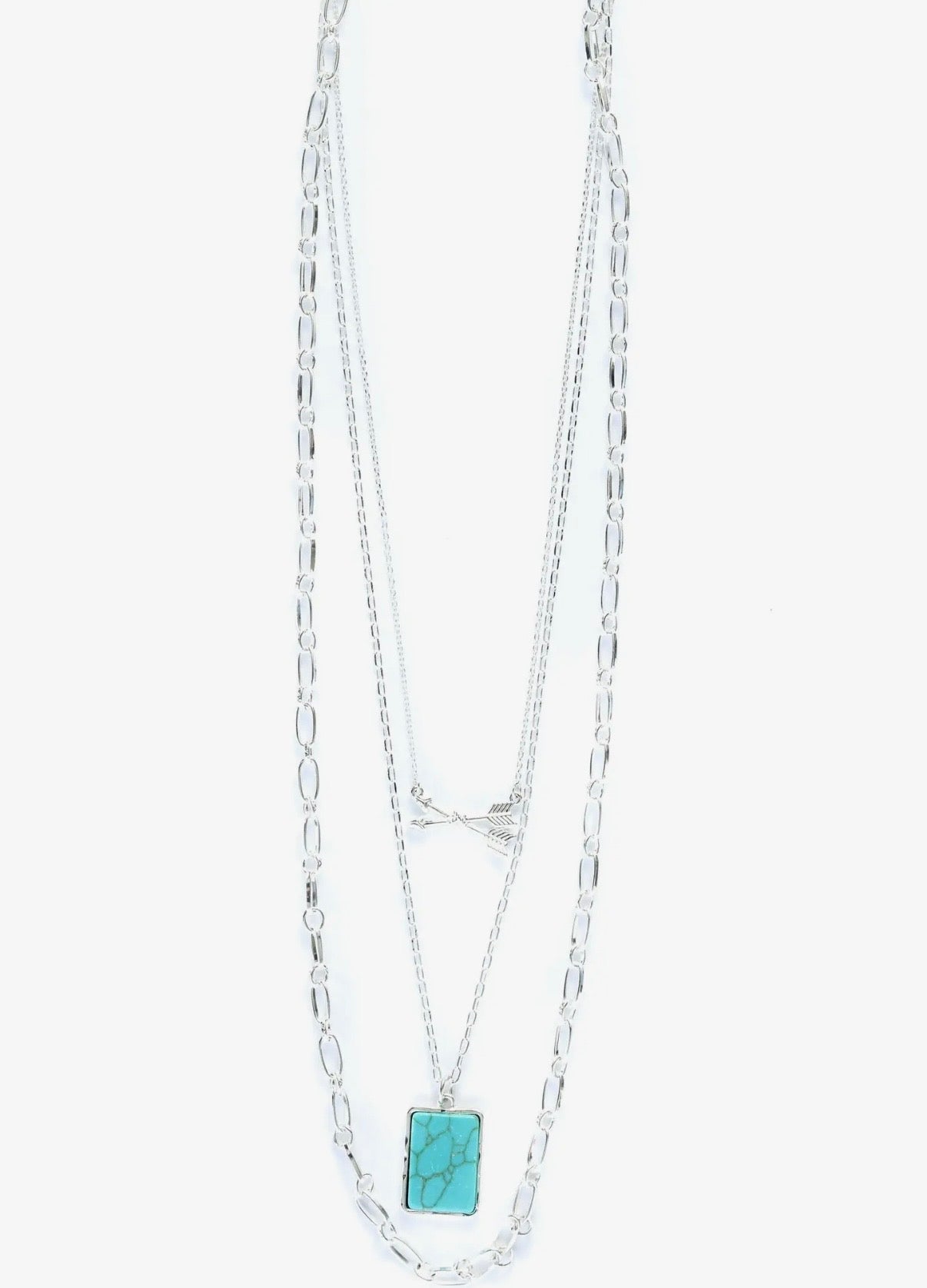 24” Layered Silver Necklace w/ Arrows and Turquoise Accents