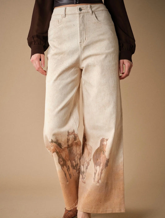 Western Horse Print Wide Leg Jeans - Tan