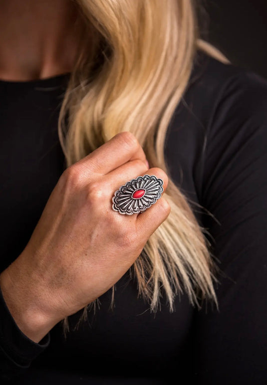 Adjustable Oval Concho Ring with Red Accent