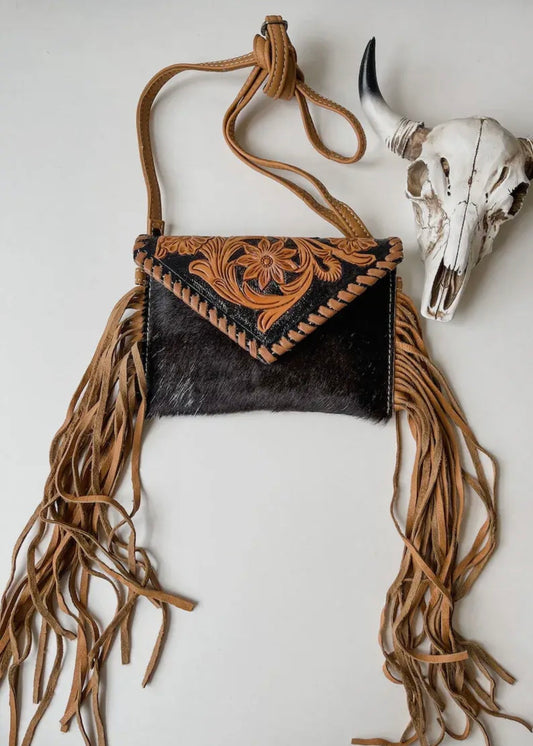 The Cassie - Tooled Crossbody Western Tooled Leather Cowhide - Black + White