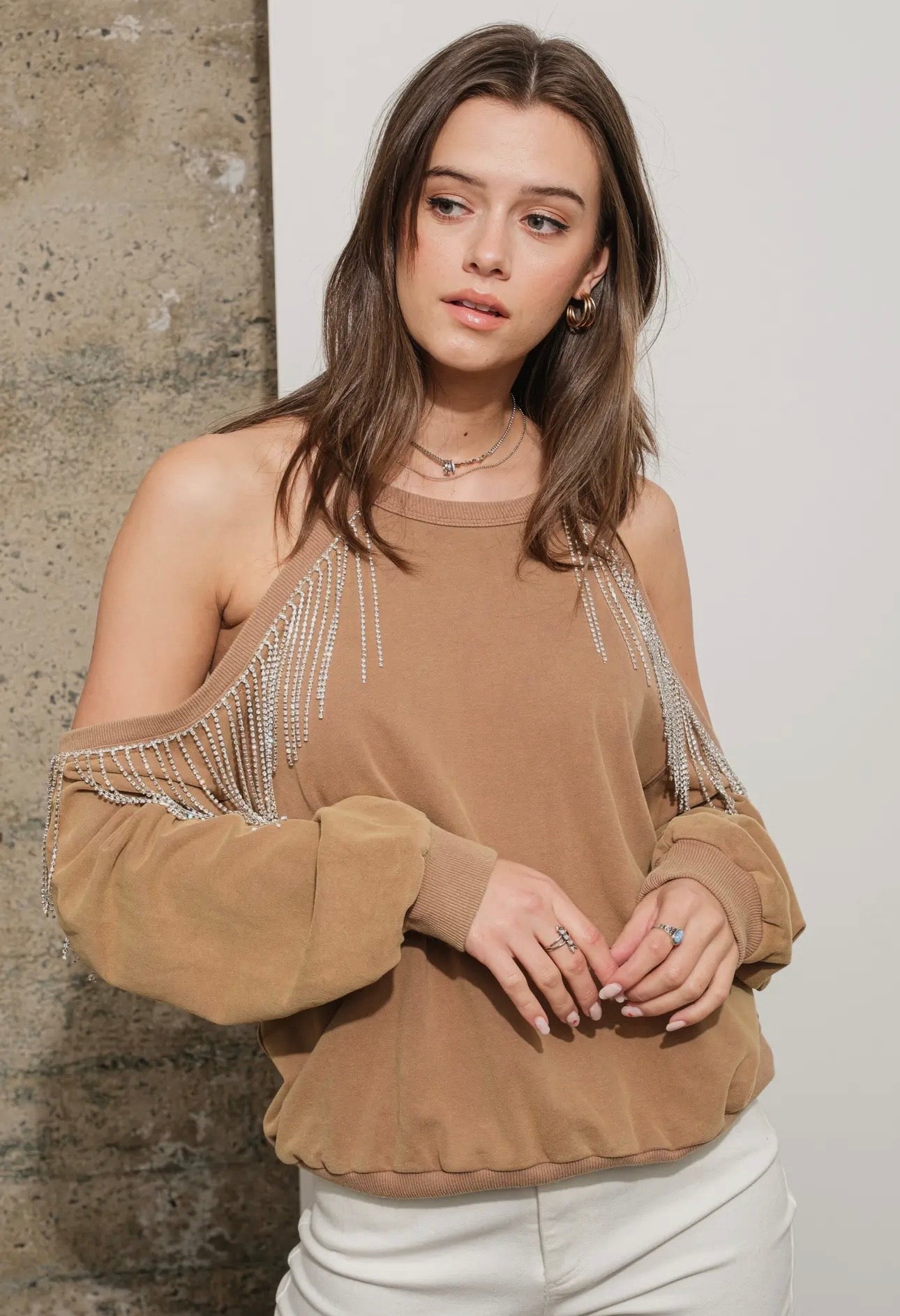 Cold Shoulder Rhinestone Sweatshirt - Tan