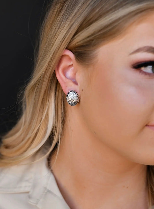 Small Burnished Silver Flower Stamped Concho Post Earrings