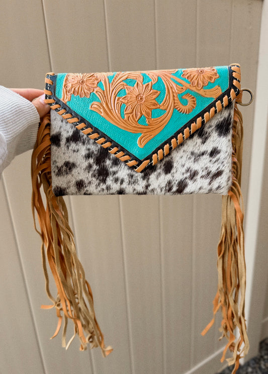 The Cassie - Tooled Crossbody Western Tooled Leather Cowhide - Turquoise