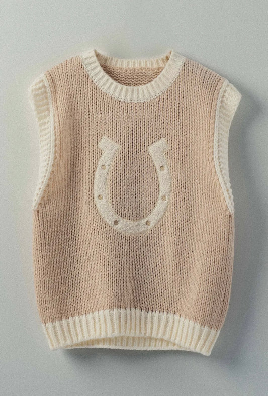 Western Horseshoe Crochet Knit Sweater Vest - Mocha