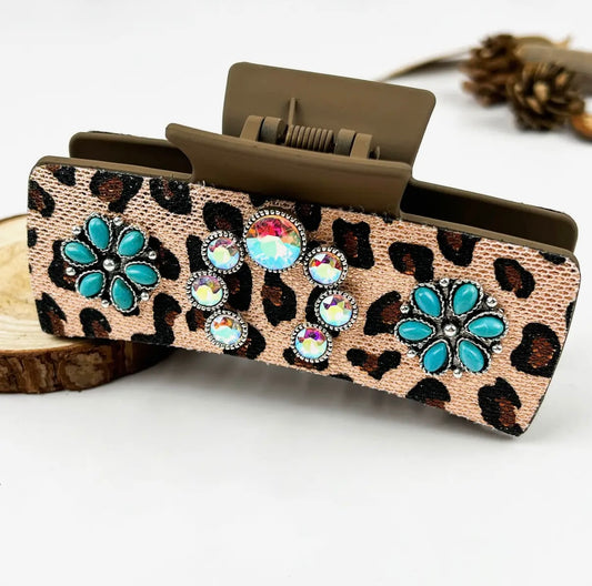 Boho Turquoise Leopard Print Claw Clip - Style F
