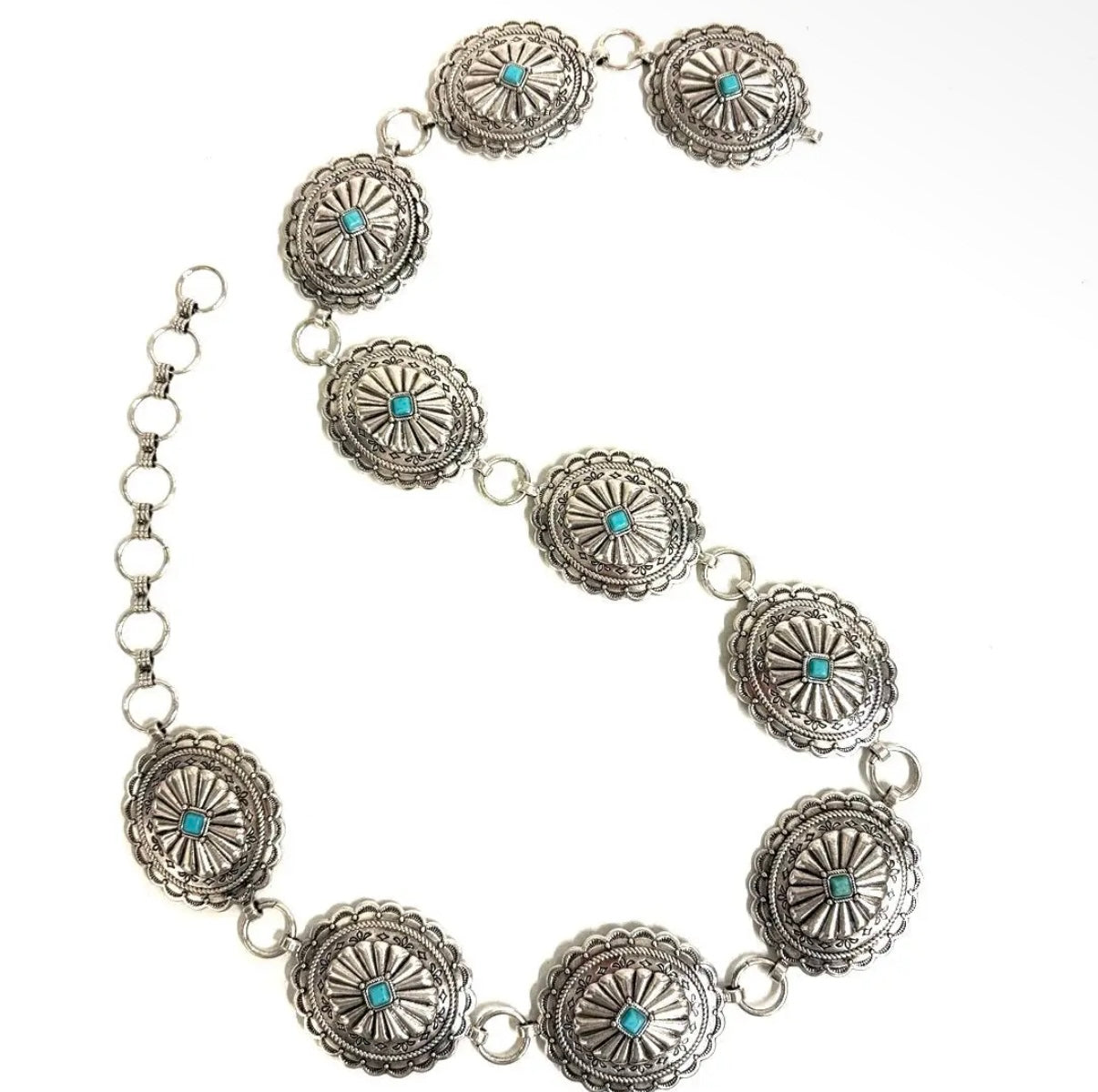 Western Metal Concho Chain Belt - Silver/Turquoise