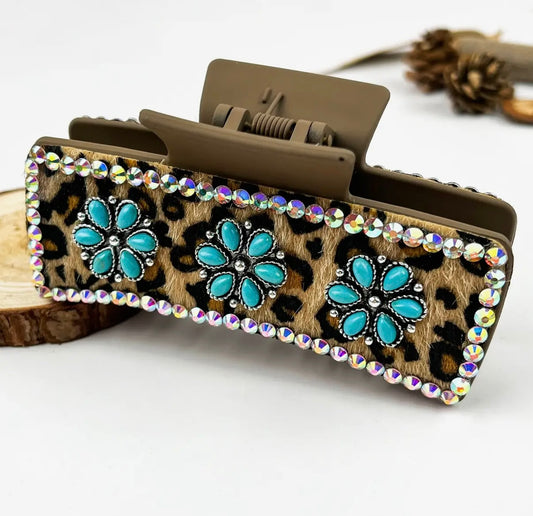 Boho Turquoise Leopard Print Claw Clip - Style D