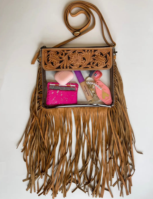 Hand Tooled Clear Purse Crossbody - Tan/Brown