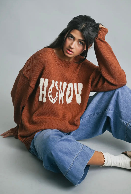 Horseshoe Howdy Knit Sweater - Brown/Cream