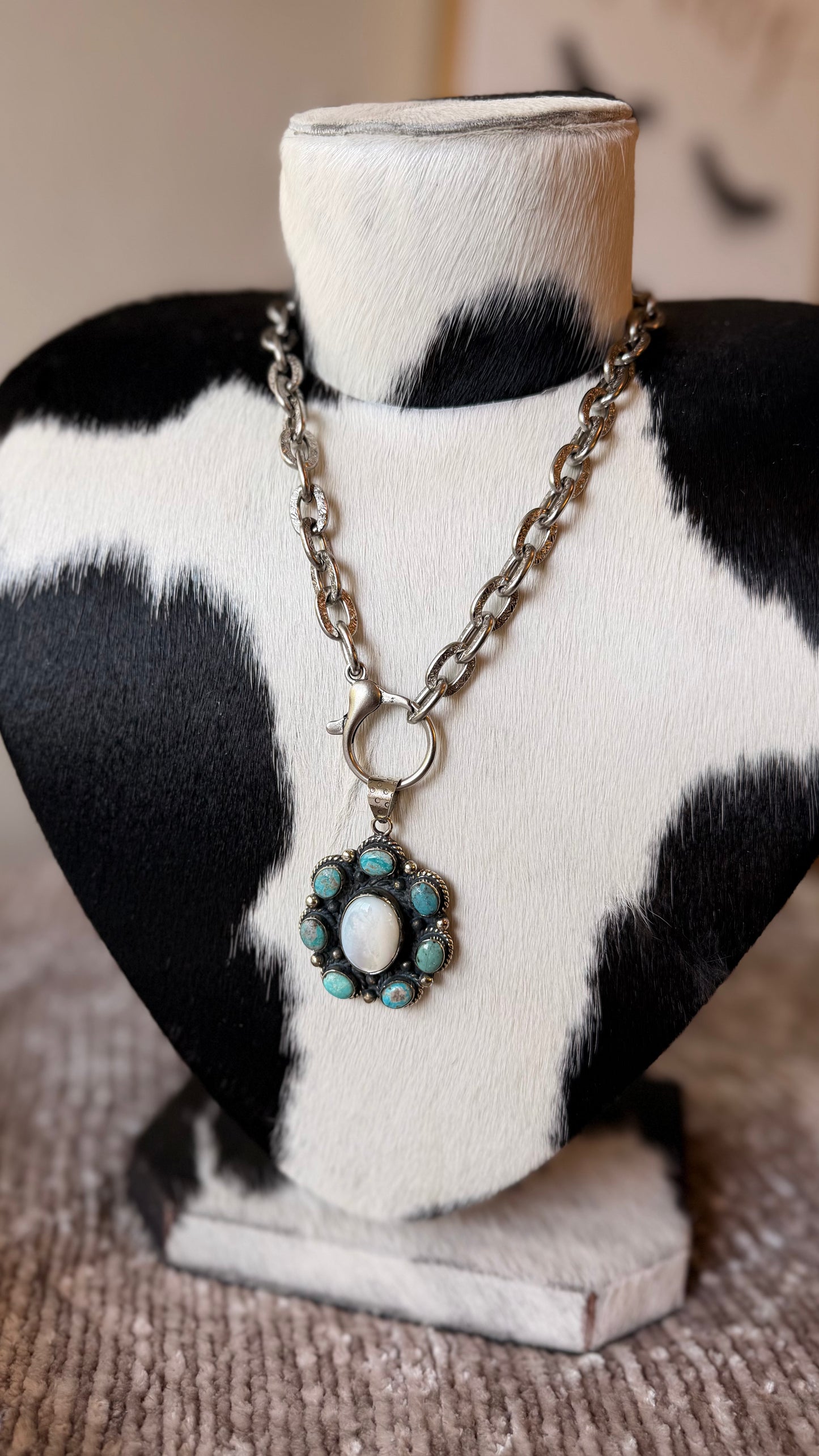 Genuine Turquoise & Mother of Pearl Tibetan Pendant Chain Necklace