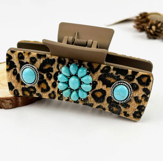 Boho Turquoise Leopard Print Claw Clip - Style A