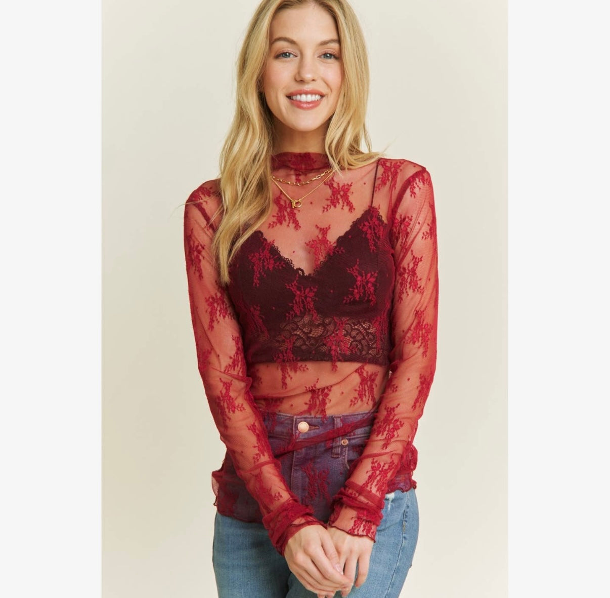 Floral Lace Mesh Top - Burgundy