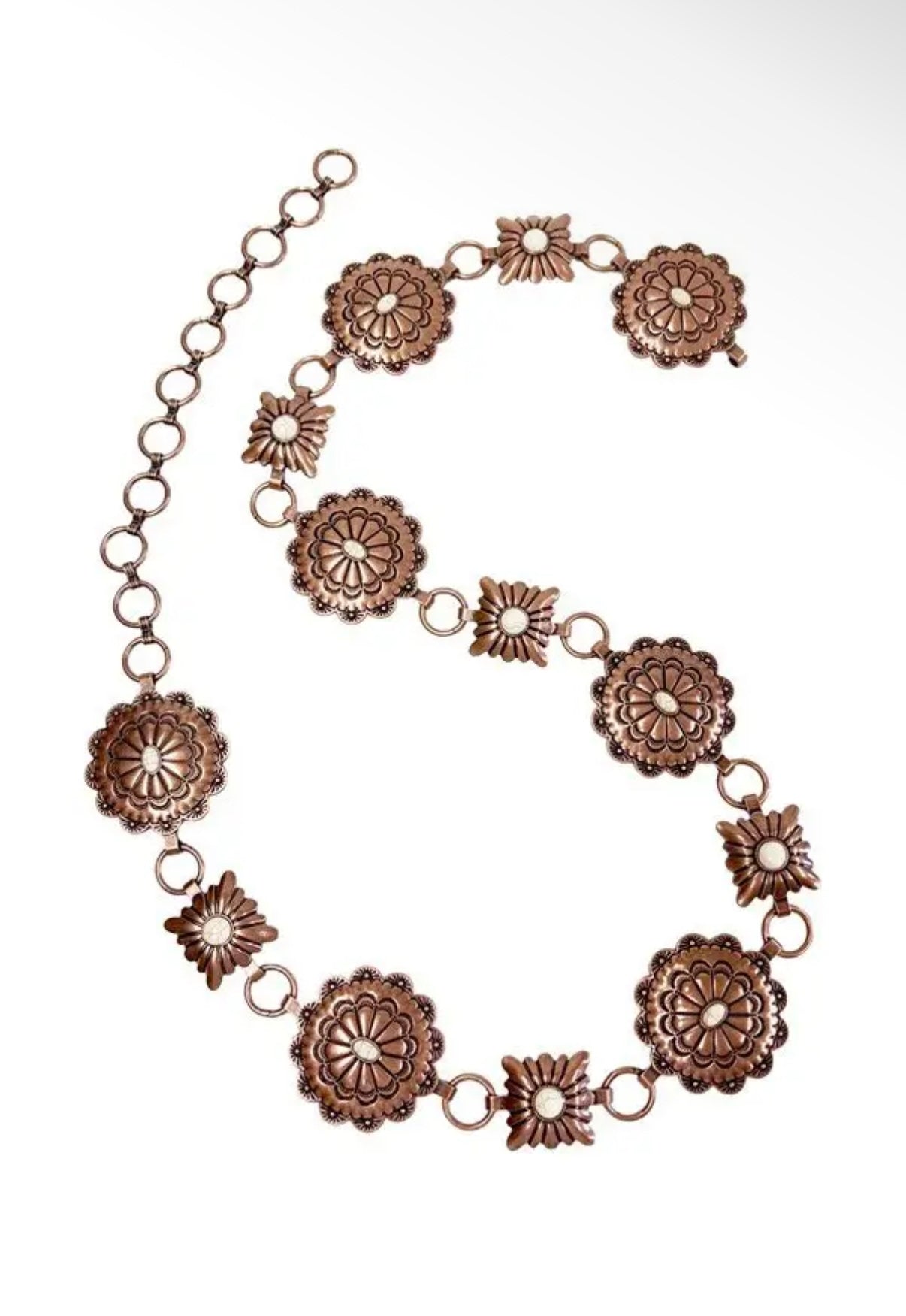 Western Metal Concho Chain Belt - White/Bronze