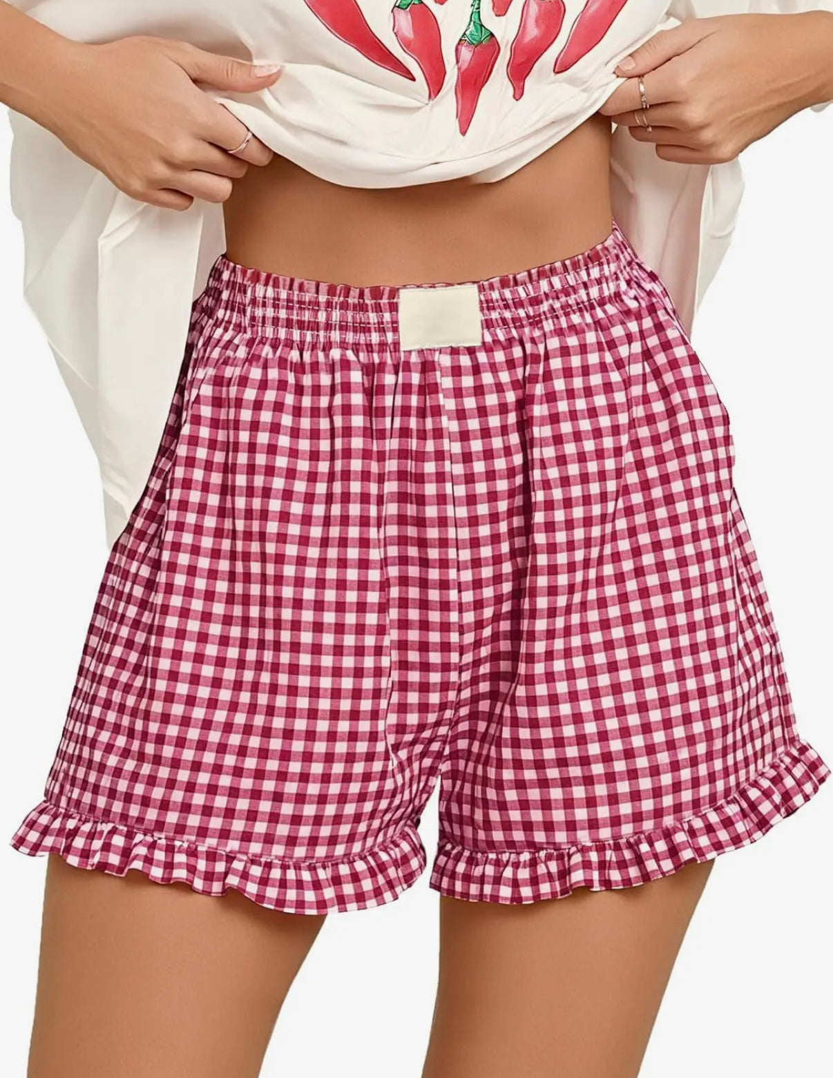 Plaid Shorts w/ Ruffle Hem - Red