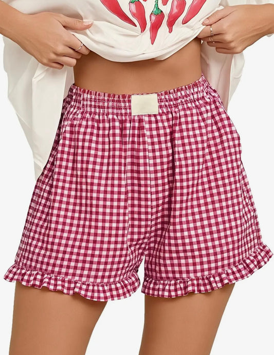 Plaid Shorts w/ Ruffle Hem - Red