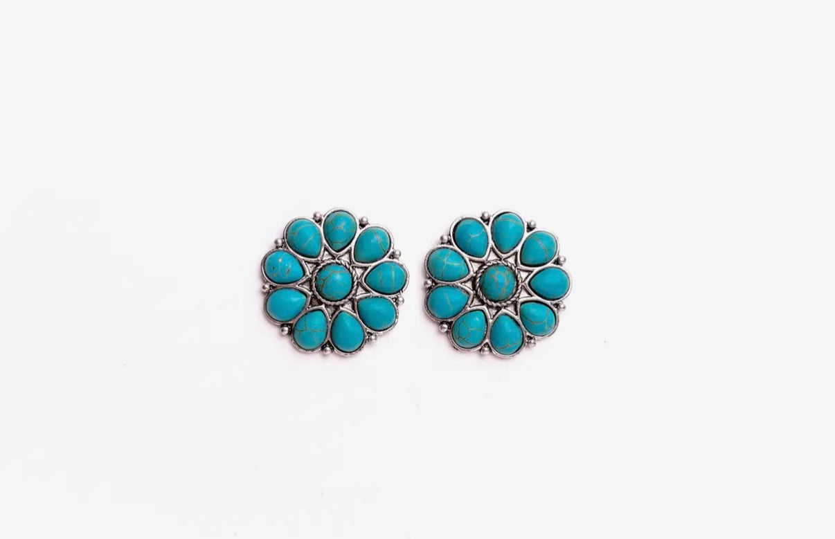 Burnished Silver/ Turquoise Flower Stud Earrings