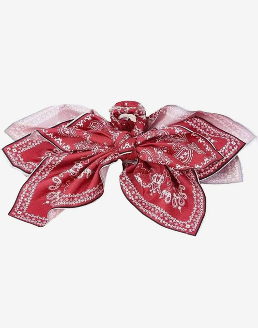 Western Paisley Claw Clip Hair Bow Bandana Print - Red