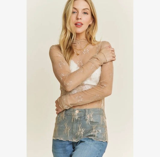 Floral Lace Mesh Top - Beige