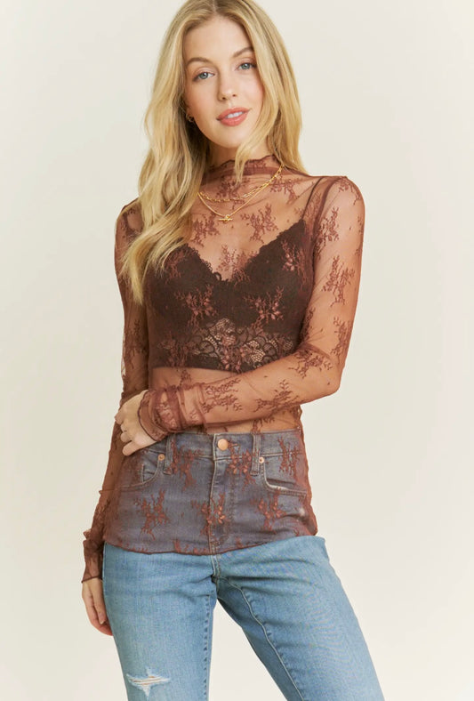 Floral Lace Mesh Top - Brown