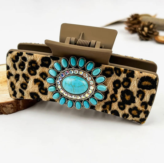 Boho Turquoise Leopard Print Claw Clip - Style C