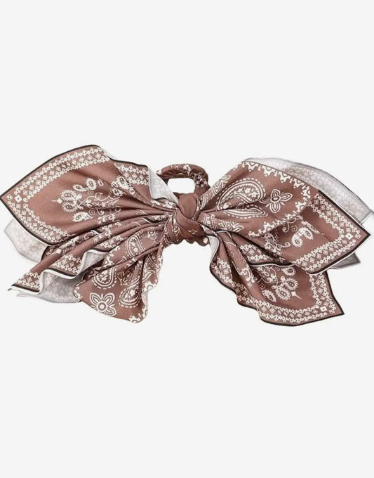 Western Paisley Claw Clip Hair Bow Bandana Print - Brown
