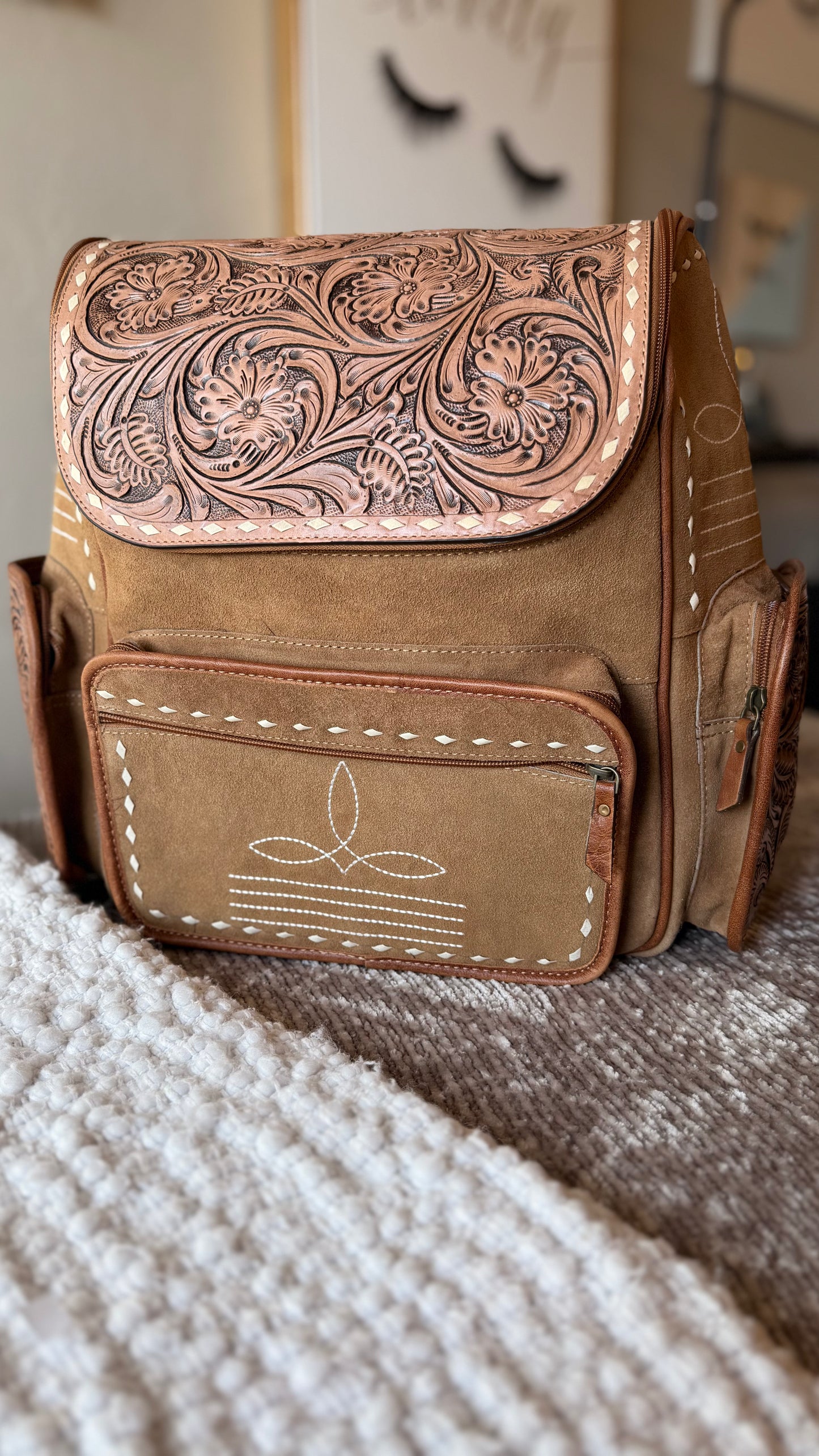 Tan Suede Boot Stitch Backpack