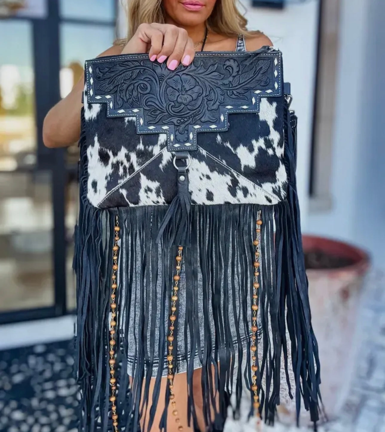 Dixie Crossbody Cowhide Western Tooled Leather Fringe Purse - Black + White