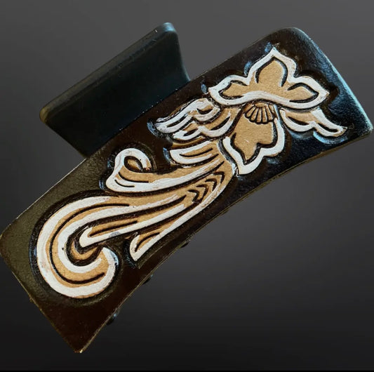 Tooled Leather Western Claw Clip - White Flowers