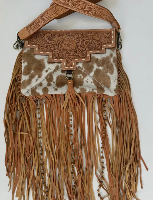 Dixie Crossbody Cowhide Western Tooled Leather Fringe Purse - Tan + White