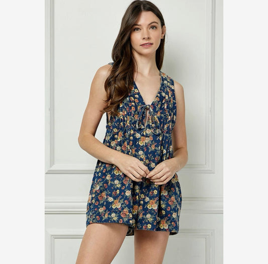 Sleeveless Denim Romper - Floral
