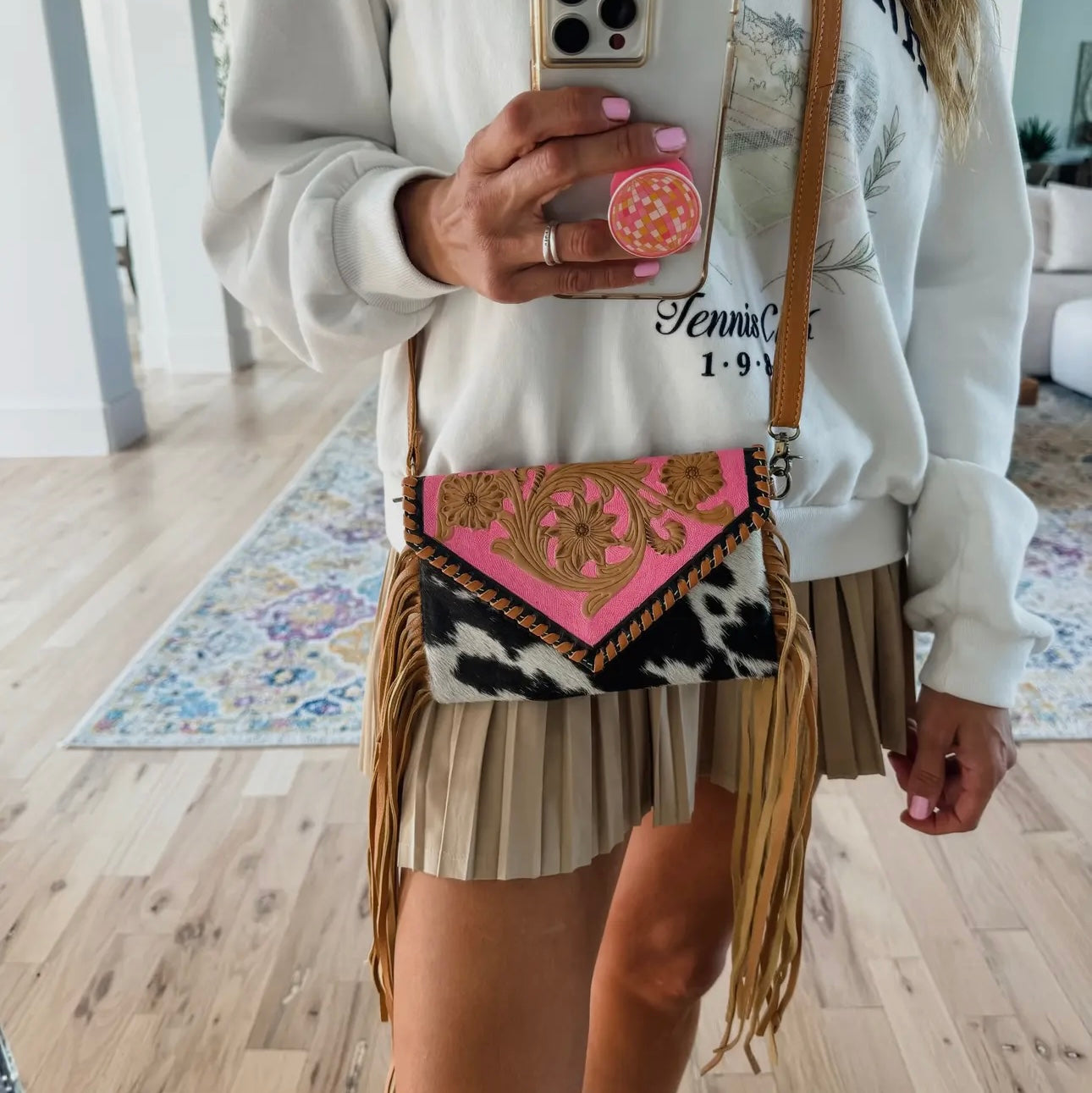 The Cassie - Tooled Crossbody Western Tooled Leather Cowhide - Pink