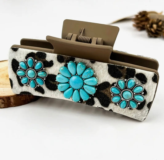 Boho Turquoise Leopard Print Claw Clip - Style H