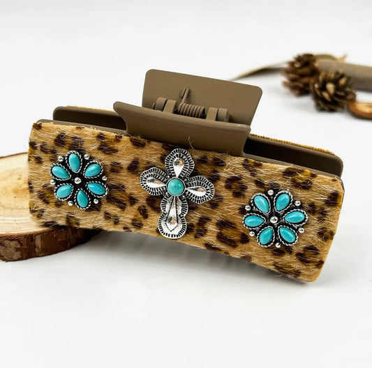 Boho Turquoise Leopard Print Claw Clip - Style B